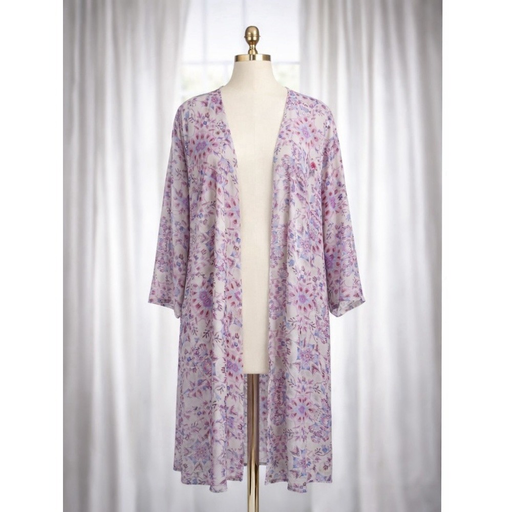 Adrienne Pink Floral Beach Long Duster Coverup Semi Sheer‎ Flowy Womens Small
